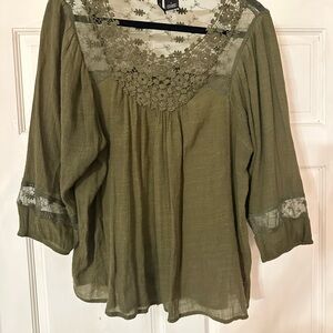 new directions Olive Green Lace Yoke Peasant Tunic